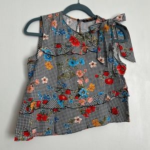 zara floral gingham print ruffle sleeveless top shoulder blouse